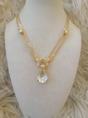Swarovski Gold Toned Double-Chain Necklace Clear Teardrop Crystal- Excellent Vin